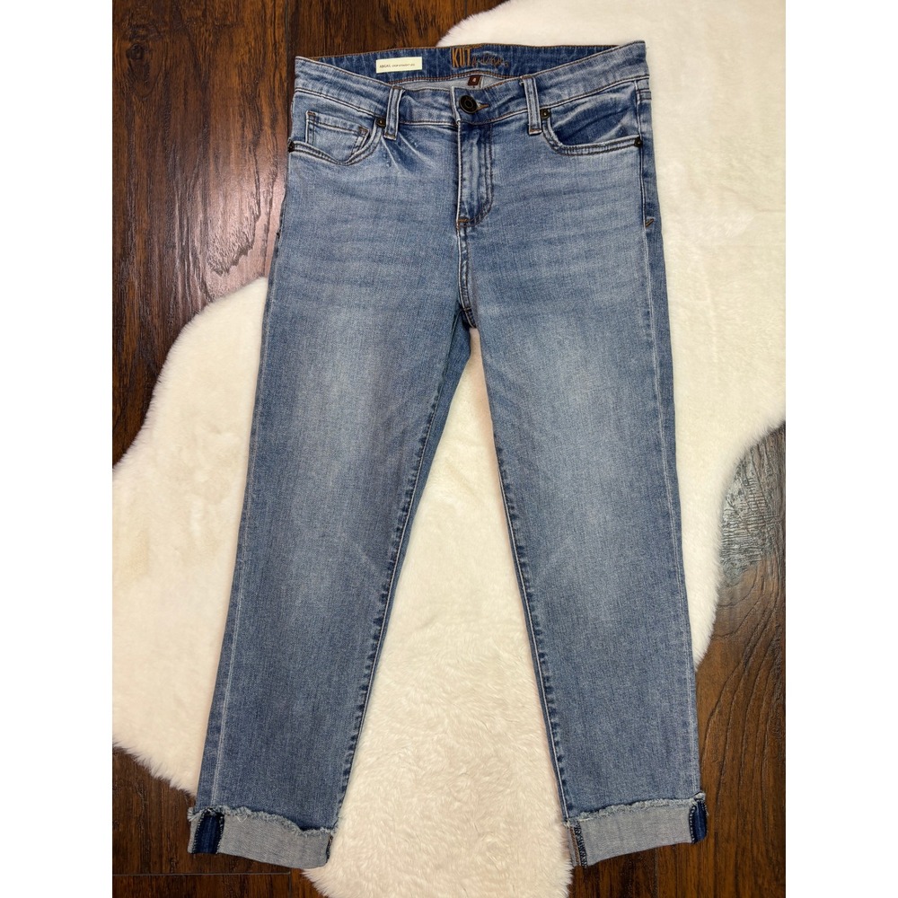 KUT from the Kloth Jeans 4 Light Wash Abigail Crop Straight Leg Cuffed Stretch